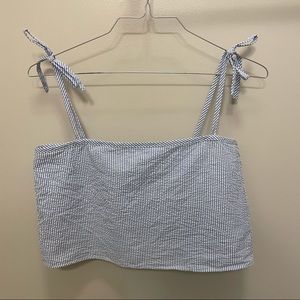 Solid & Striped X Staud The Bora In Blue Seersucker Blouse